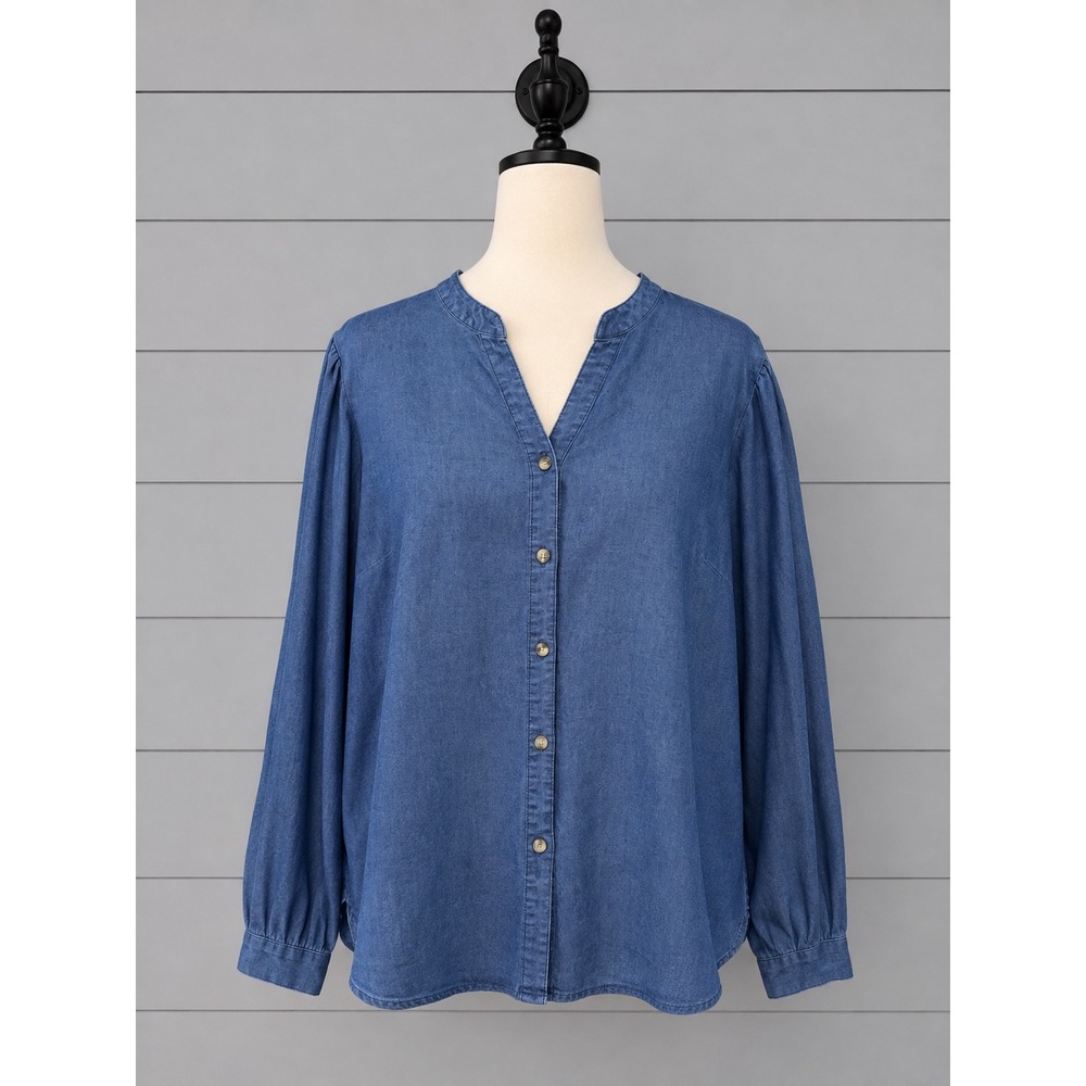 Belle by Kim Gravel Stretch Denim Puff Shoulder Blouse Top Blue A651411 Size XL